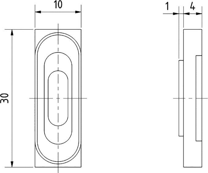 Technische Zeichnung eines rechteckigen und ovalen Metallteils mit den Maßen 10x30 mm, seitliche Ansicht zeigt 1 mm Breite und 4 mm Dicke.