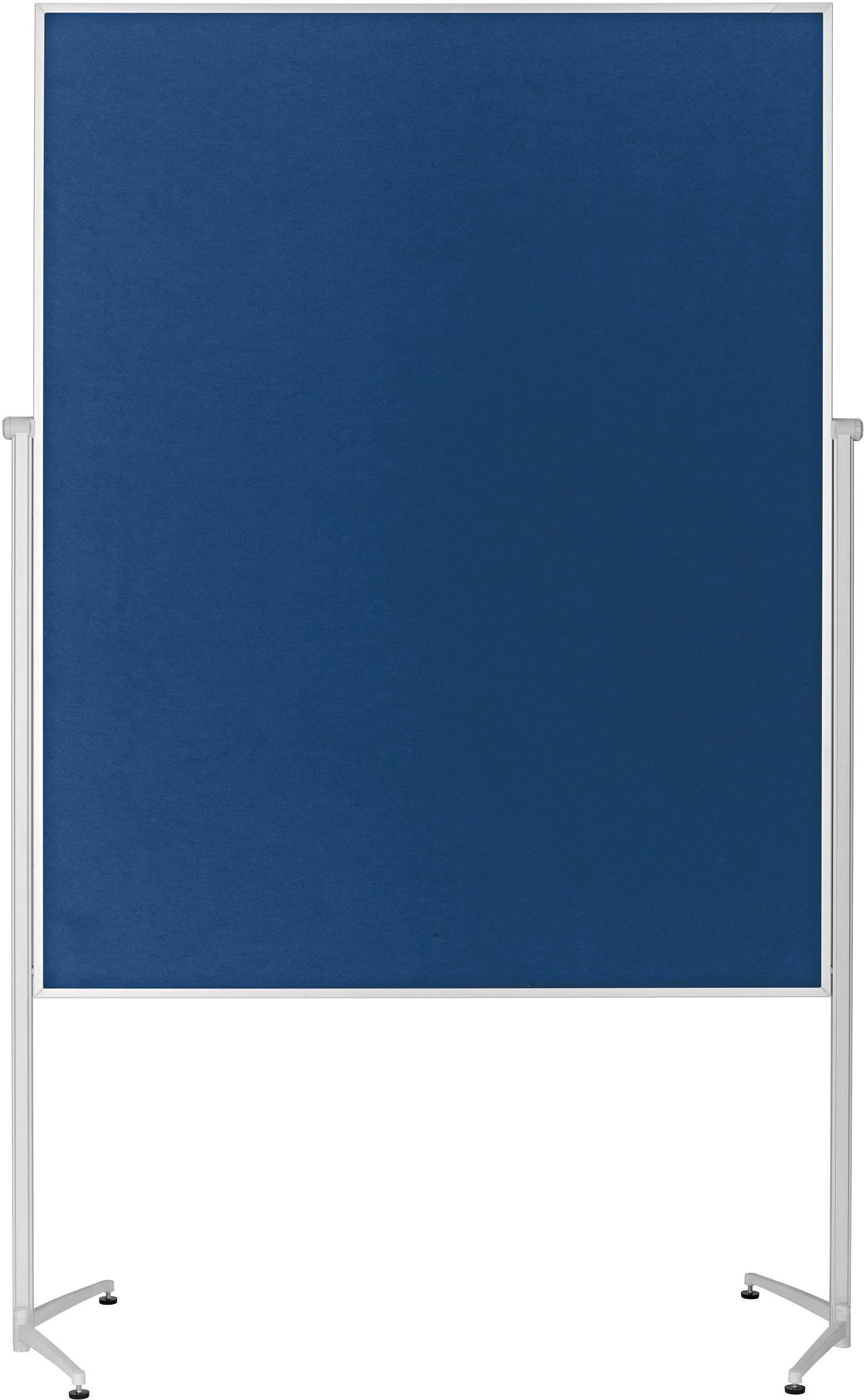 Blaue Pinnwand auf Metallfüßen, freistehend.