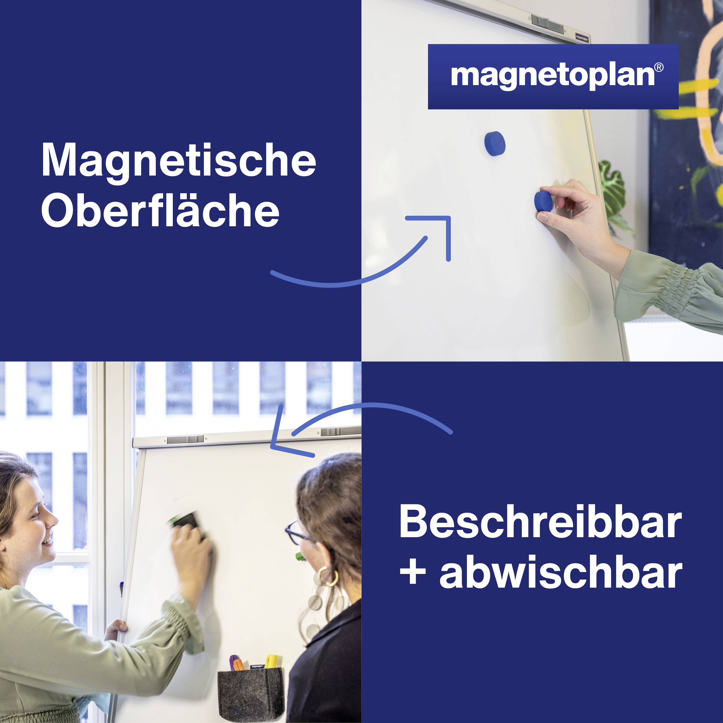 'Weiße Tafel mit magnetischer Oberfläche, beschreibbar und abwischbar. Eine Person demonstriert die Funktionalität.'