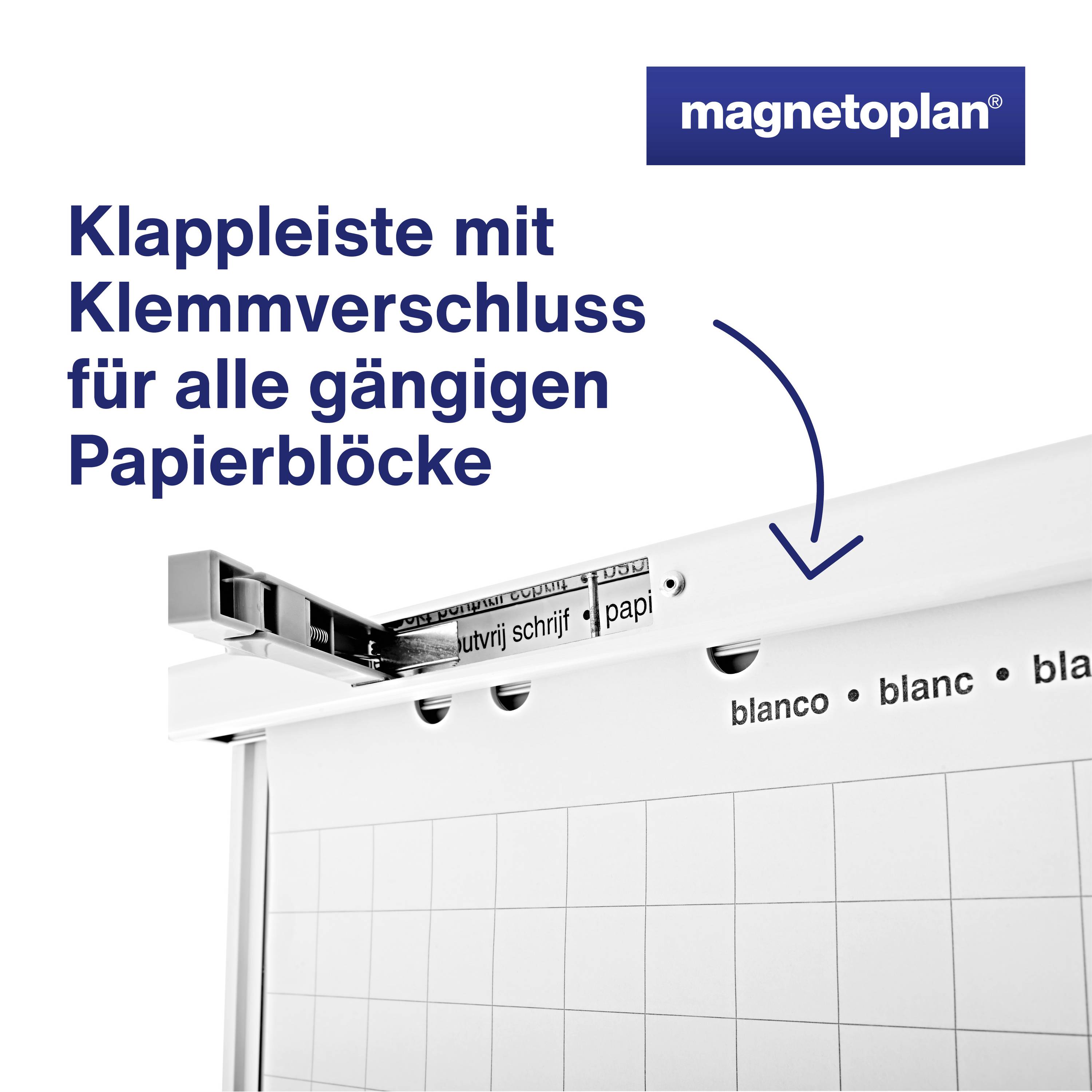 Die Abbildung zeigt eine Magnetoplan-Klappleiste mit Klemmschluss, geeignet für verschiedene Papierblöcke.