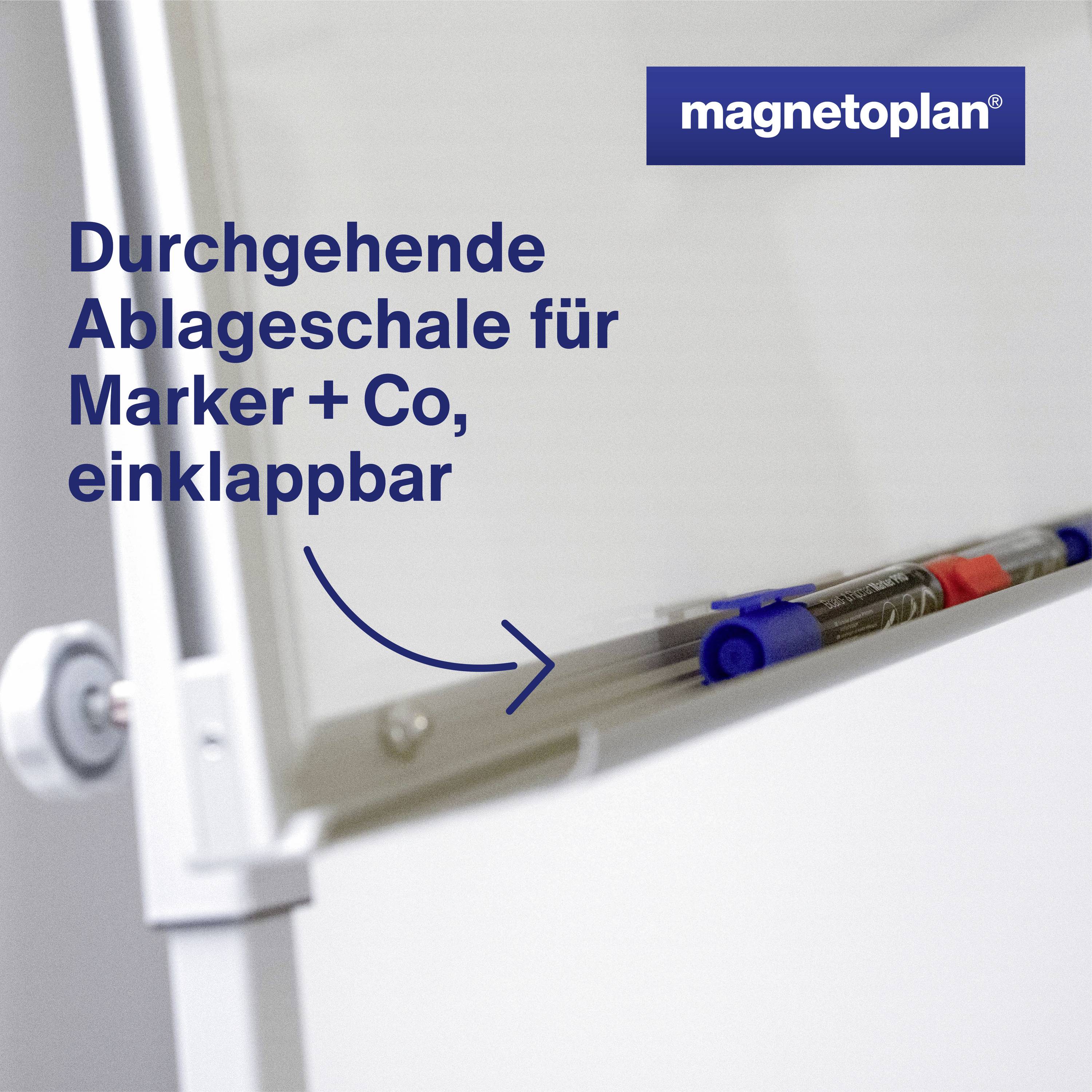Ein Whiteboard mit klappbarer Ablageschale für Marker. Oben rechts das Logo 'magnetoplan'.