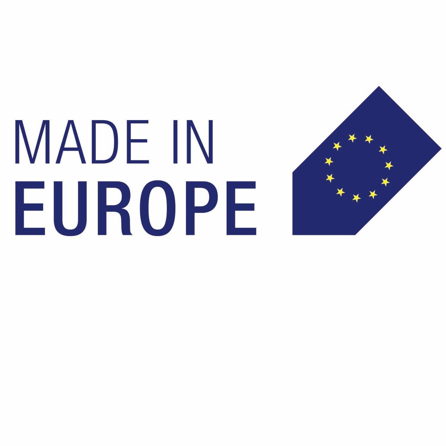 Logo mit der Aufschrift 'MADE IN EUROPE' und blauem Europa-Symbol mit EU-Sternen.<br>