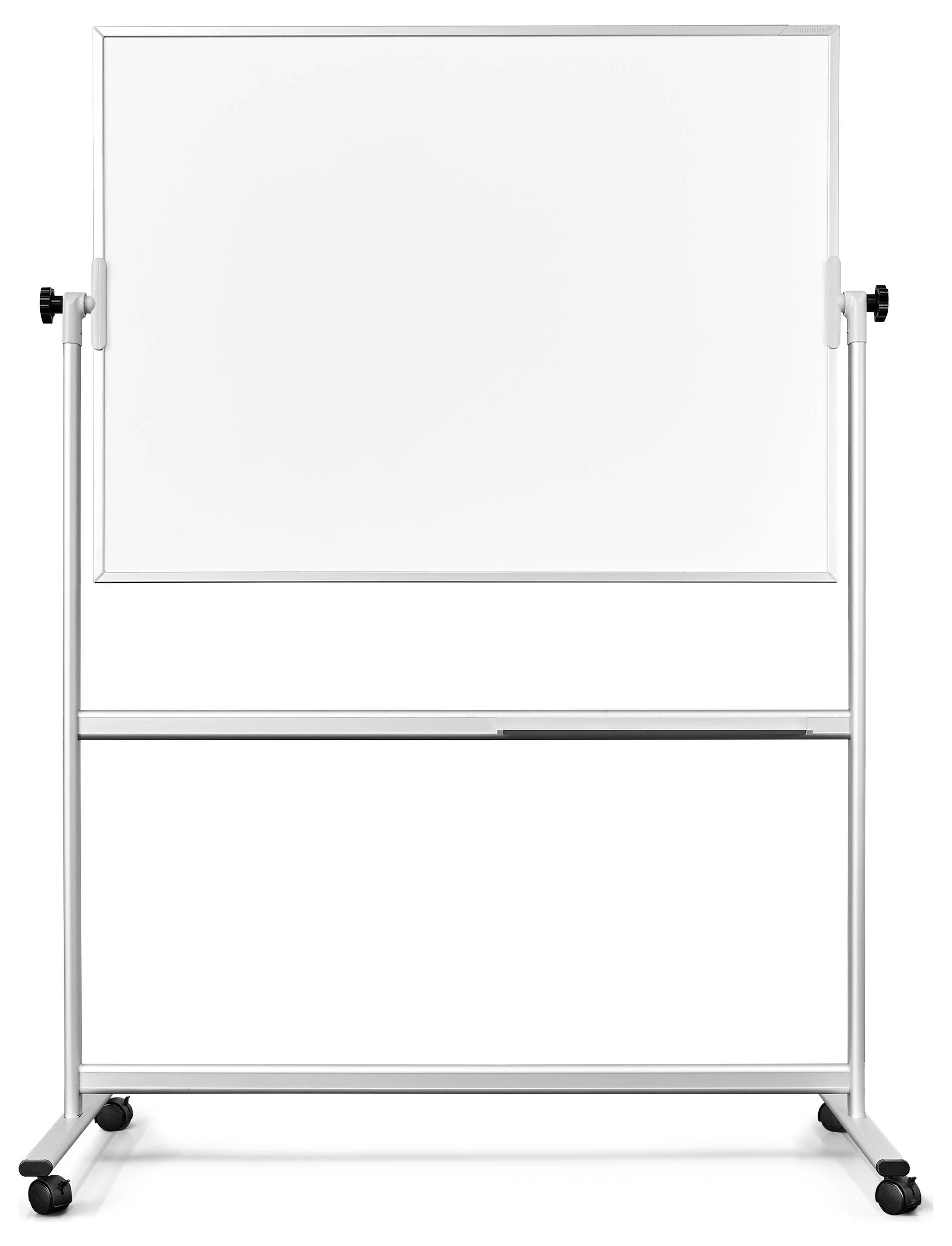 Mobiles Whiteboard auf einem fahrbaren Gestell mit beschreibbarer Fläche und unterer Ablage.
