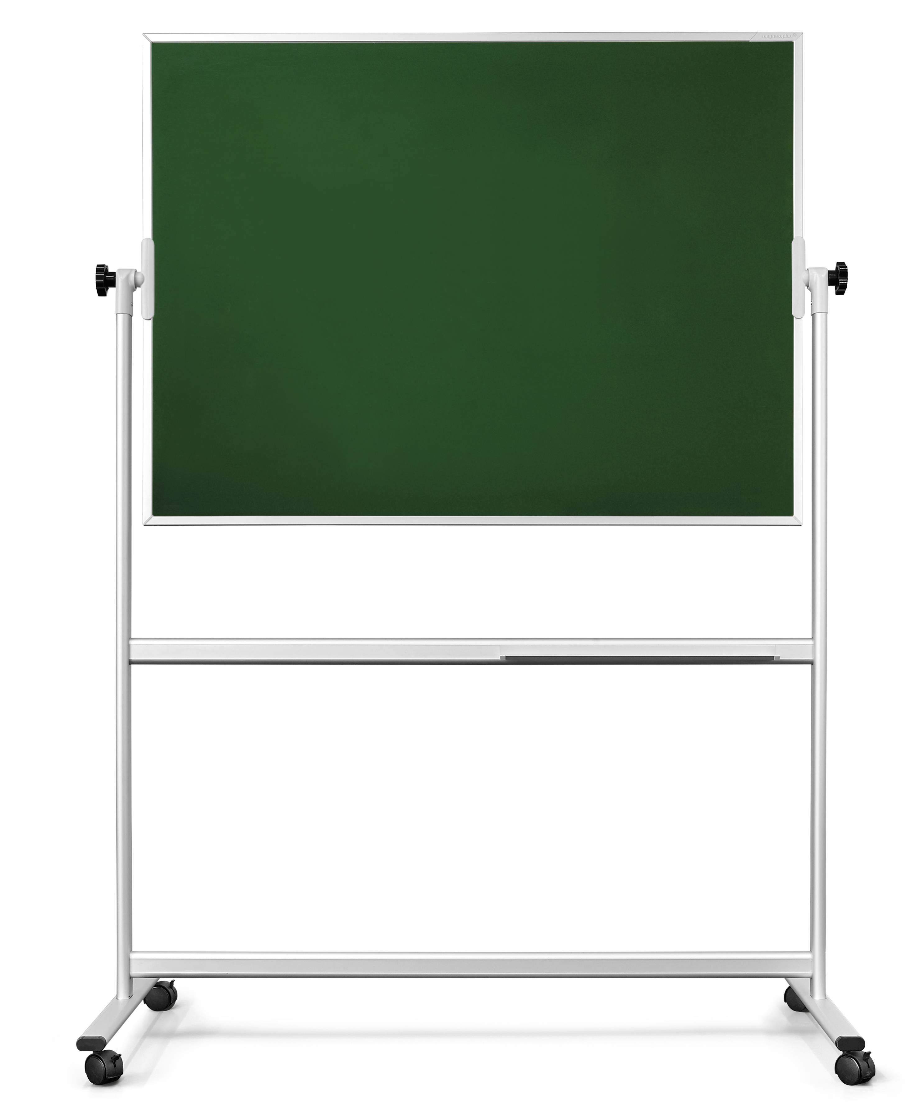 Mobiles Klassenzimmer-Whiteboard mit grünem Tafelpanel oben und unbeschriebener Schreibfläche unten, auf Rollen montiert.