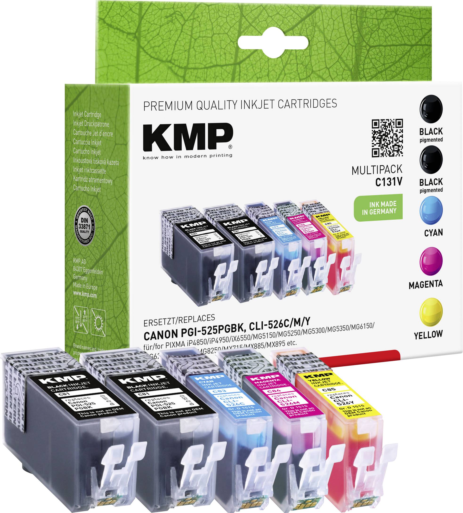 KMP Tinte ersetzt Canon PGI-525, CLI-526 Kompatibel Kombi-Pack Schwarz, Cyan, Magenta