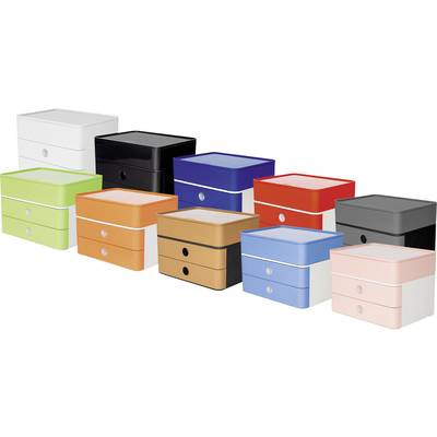Verschiedene stapelbare Kunststoffboxen in verschiedenen Farben: Weiß, Schwarz, Blau, Rot, Grün, Orange, Braun, Blau, Grau und Rosa.