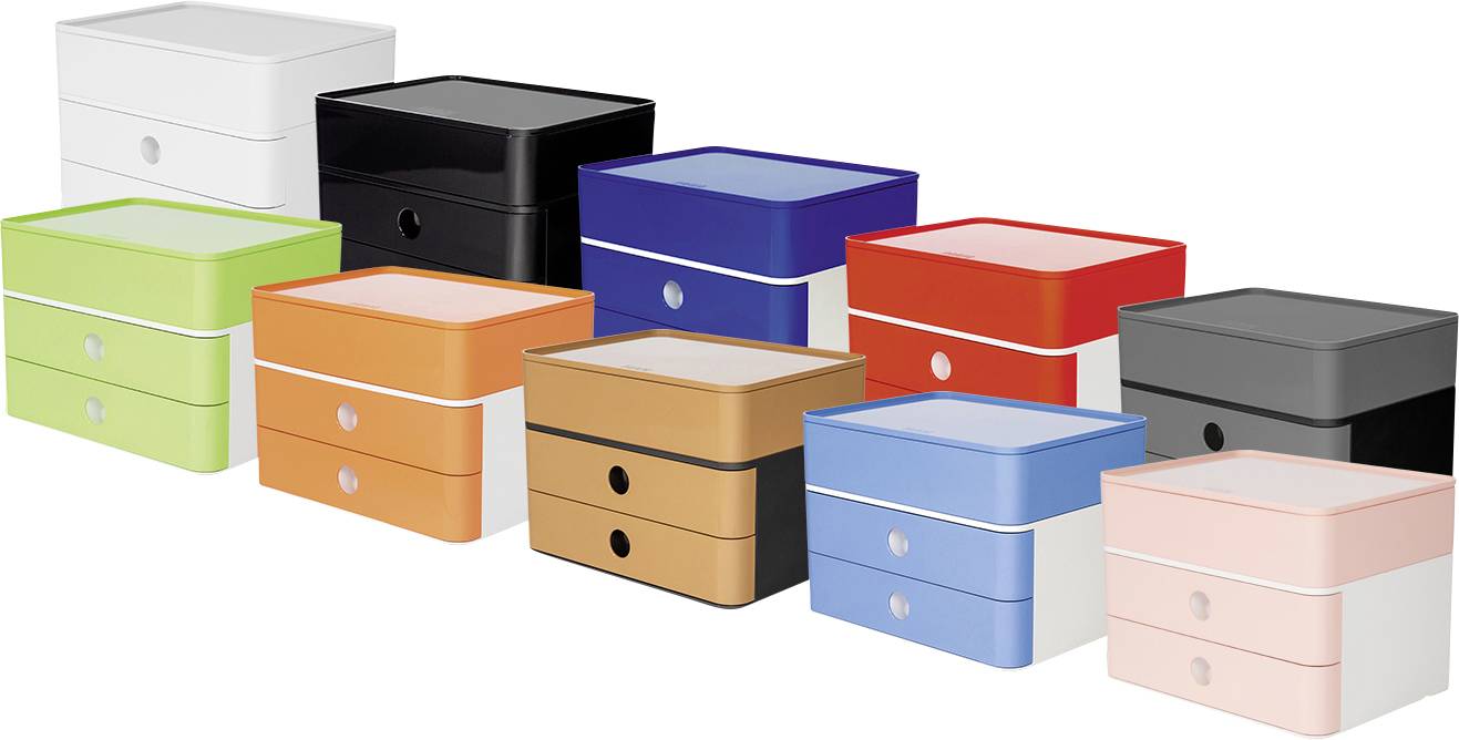 'Dekorative Aufbewahrungsboxen in verschiedenen Farben, jeweils mit zwei Schubladen, auf weißem Hintergrund angeordnet.'