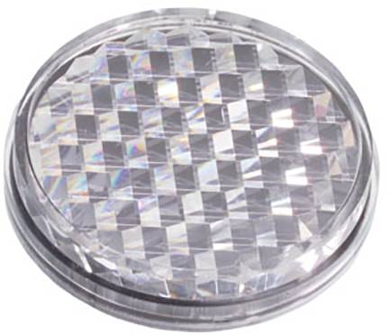 Runder, glitzernder Knopf mit prismatischem Muster, reflektiert Licht in Regenbogenfarben.