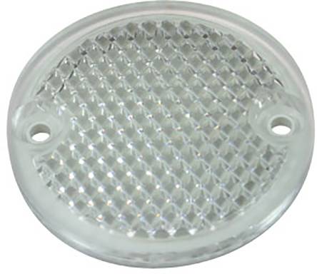 Runder Reflektor aus klarem Kunststoff, mit zwei Befestigungslöchern, zeigt eine gitterartige Oberfläche für bessere Lichtreflexion.