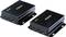 Zwei schwarze HDMI-Extender mit IR- und HDMI-Anschlüssen, geeignet zur Signalübertragung. Links 'IR In', 'IR Out', 'HDMI Out', rechts 'IR In', 'HDMI In'.
