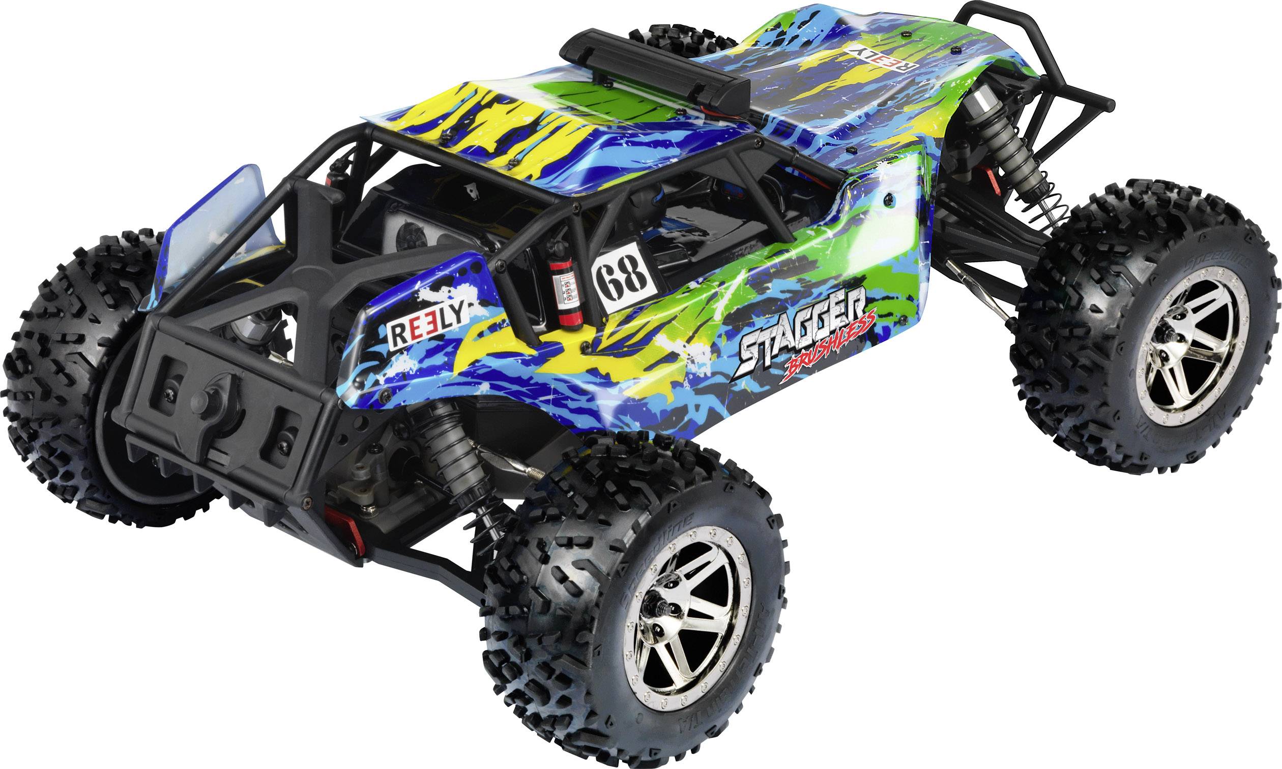Ein ferngesteuertes Auto mit farbenfrohem Design, großen Reifen und robustem Rahmen, ideal für Offroad-Abenteuer.