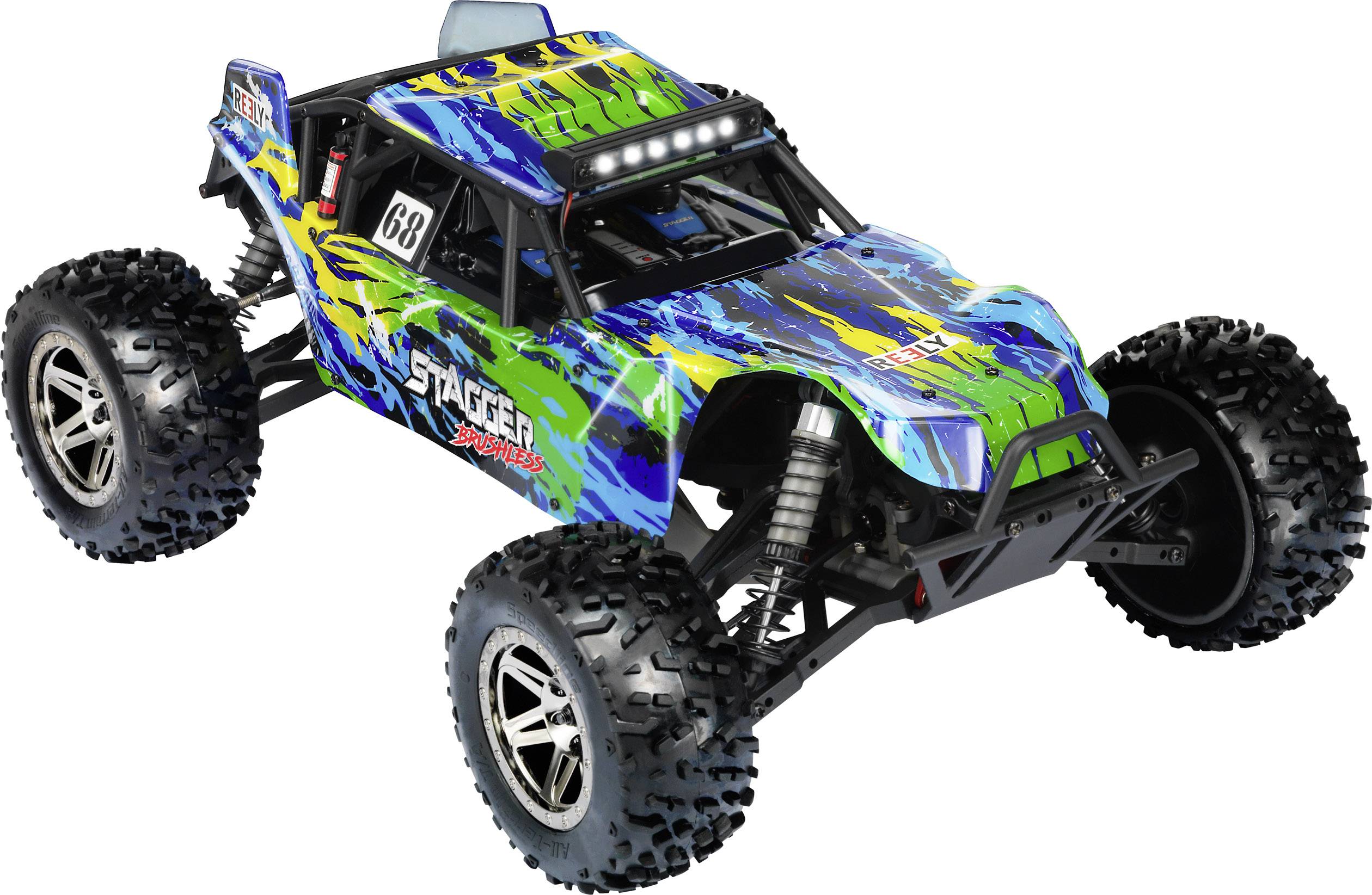 Ein ferngesteuertes Auto mit buntem, blau-grünem Design und großen Reifen, geeignet für Offroad-Fahrten.