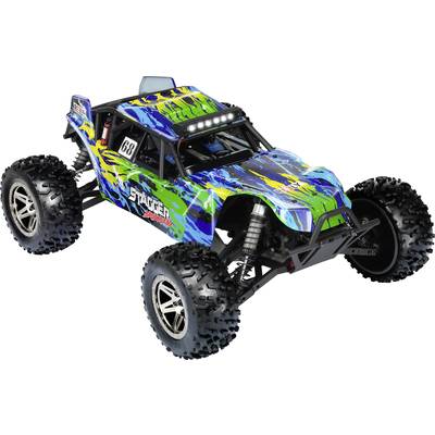 Ein ferngesteuertes Auto mit buntem, blau-grünem Design und großen Reifen, geeignet für Offroad-Fahrten.