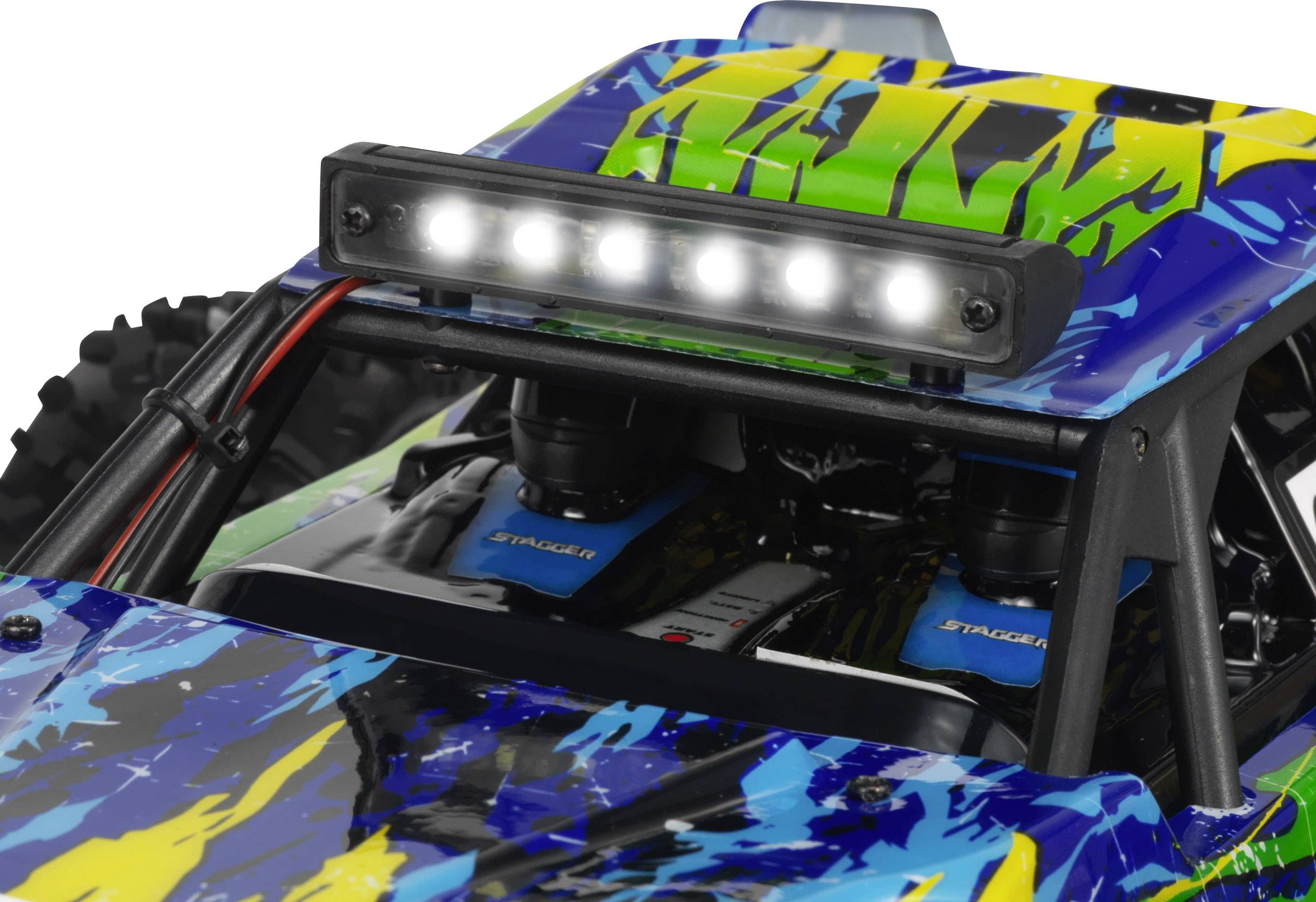 Ein farbenfrohes ferngesteuertes Auto mit leuchtenden LED-Scheinwerfern oben, lackiert in Blau, Grün und Gelb.