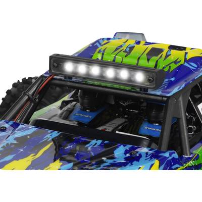 Ein farbenfrohes ferngesteuertes Auto mit leuchtenden LED-Scheinwerfern oben, lackiert in Blau, Grün und Gelb.