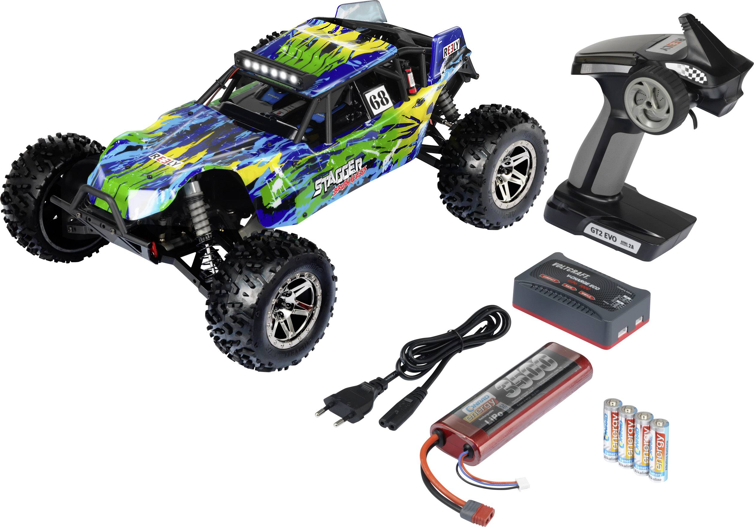 Ferngesteuertes Auto-Set mit buntem Geländewagen, Fernbedienung, Akku, Ladegerät und Batterien. Bereit für den Einsatz im Outdoor-Gelände.