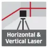 Abbildung eines horizontalen und vertikalen Lasers auf einem Stativ, mit blauen Linien im Hintergrund, die Richtungen zeigen.