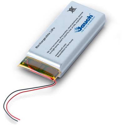 Graue wiederaufladbare Li-Po-Batterie mit zwei Anschlusskabeln. Aufdruck mit Warnhinweis und Firmenlogo auf der Oberseite.