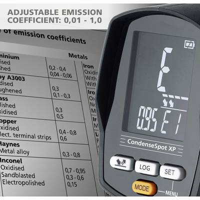 Ein Gerät zeigt auf einem Display 'C' und '0.95'. Daneben eine Tabelle mit Metallen und ihren Emissionskoeffizienten. Oben steht 'Adjustable Emission Coefficient: 0.01 - 1.0'.