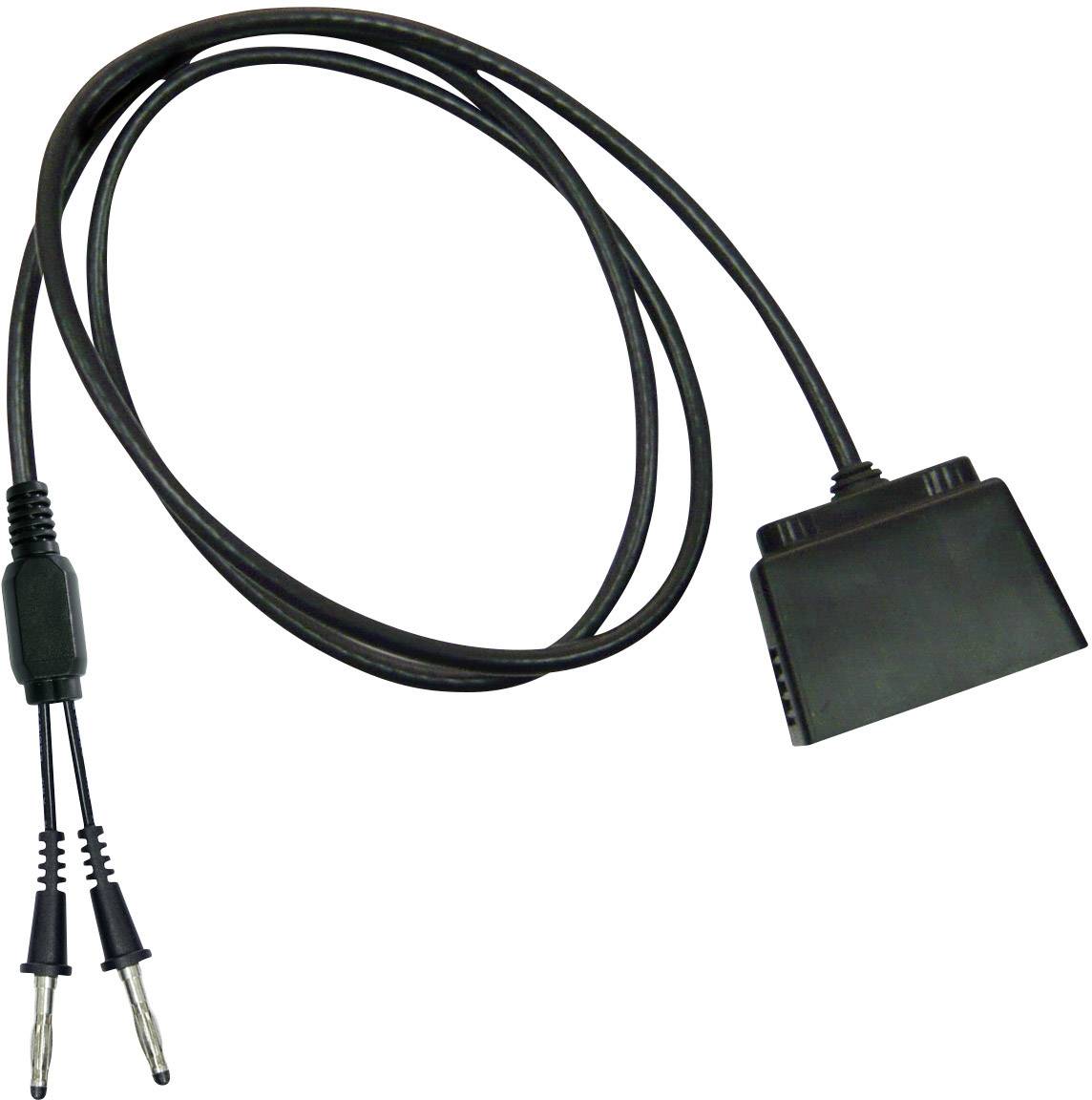 Ein schwarzes Elektrokabel mit zwei Klinkensteckern und einem flachen Anschluss am anderen Ende, verwendet zur Strom- oder Signalübertragung.