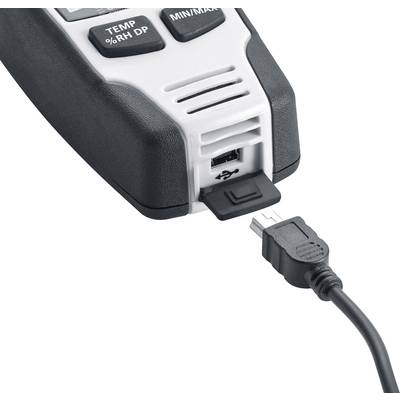 Gerät zur Messung von Temperatur und Luftfeuchtigkeit mit angehängtem USB-Kabel zum Datentransfer.