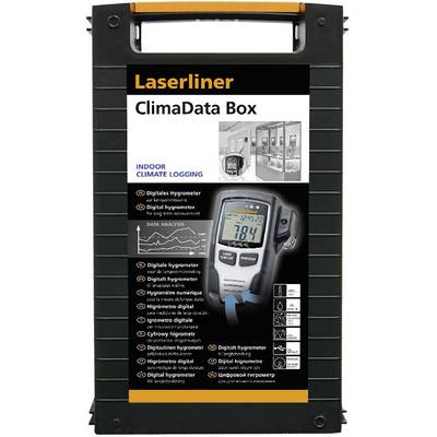 Schwarzes Kunststoffgehäuse mit orangefarbenem Griff. Aufschrift 'Laserliner ClimaData Box'. Zeigt Diagramme und ein digitales Hygrometer.