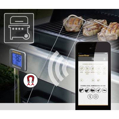 Ein Grill mit digitalem Thermometer zeigt 56°C an. Drei Fleischstücke brutzeln darauf. Smartphone-App zeigt verschiedene Garstufen.
