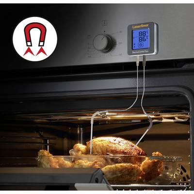 Ein Backofenthermometer zeigt 88 Grad Celsius für ein im Ofen zubereitetes Hähnchen an. Magnet-Symbol zeigt Befestigungsart.
