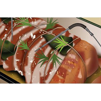 Ein Braten mit Speckstreifen und Rosmarin bedeckt. Ein Bratenthermometer ist eingesteckt, um die Temperatur zu messen.