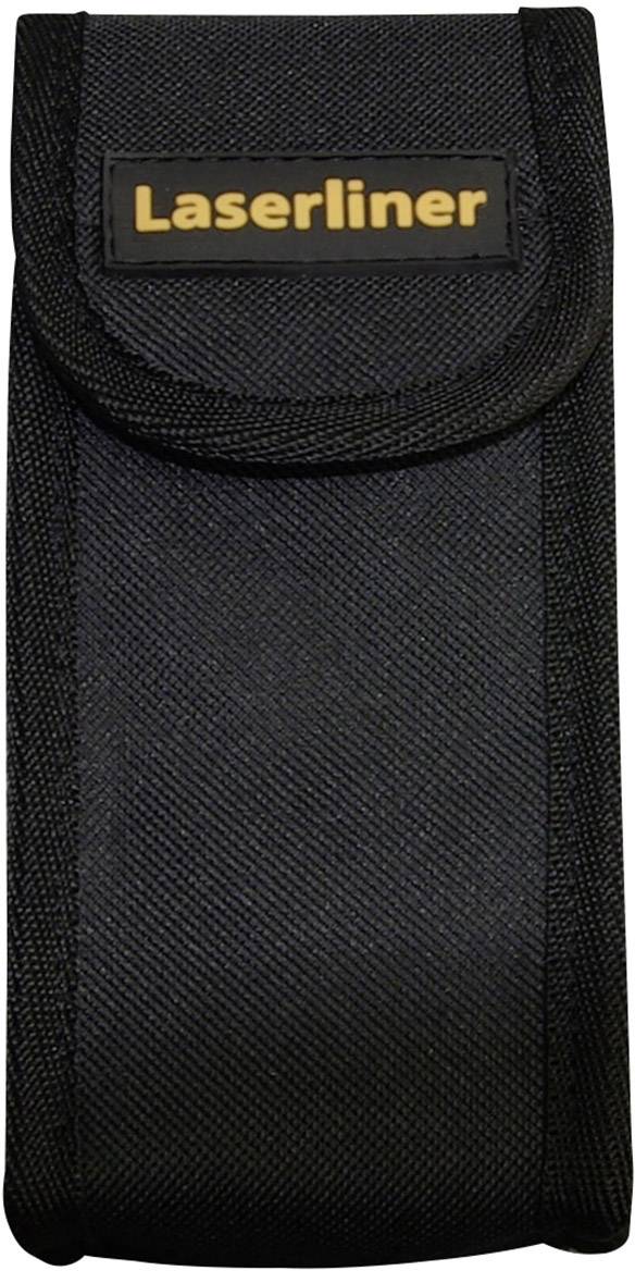 Eine schwarze Schutztasche mit Klettverschluss, darauf das Logo 'Laserliner' in Orange.