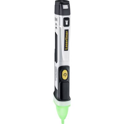 Ein Spannungsprüfer der Marke 'Laserliner' mit grünem, leuchtendem Ende. Das Gerät hat ein Display und ein schwarzes, ergonomisches Design.