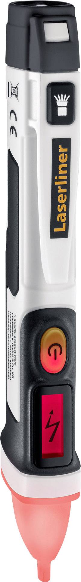 Spannungsprüfer in Stiftform mit rot leuchtender Spitze, Markenlogo 'Laserliner', zeigt elektrische Leitungen an.