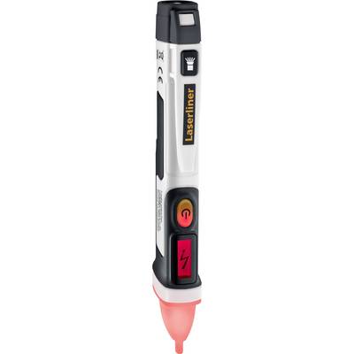 Spannungsprüfer in Stiftform mit rot leuchtender Spitze, Markenlogo 'Laserliner', zeigt elektrische Leitungen an.
