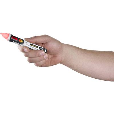 Eine Hand hält einen Laserliner-Sensorstift mit roter Spitze zum Messen von Spannungen.