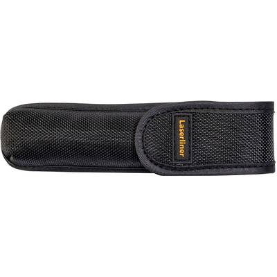 Schwarze Schutztasche mit Textur, die das Logo 'Laserliner' in orange auf einem Etikett zeigt.