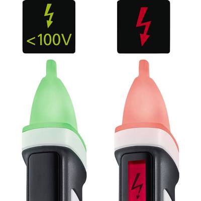 Grüner und roter Spannungstester anzeigen Stromspannung. Grün: unter 100V Spannung; Rot: höhere Spannung erkannt.