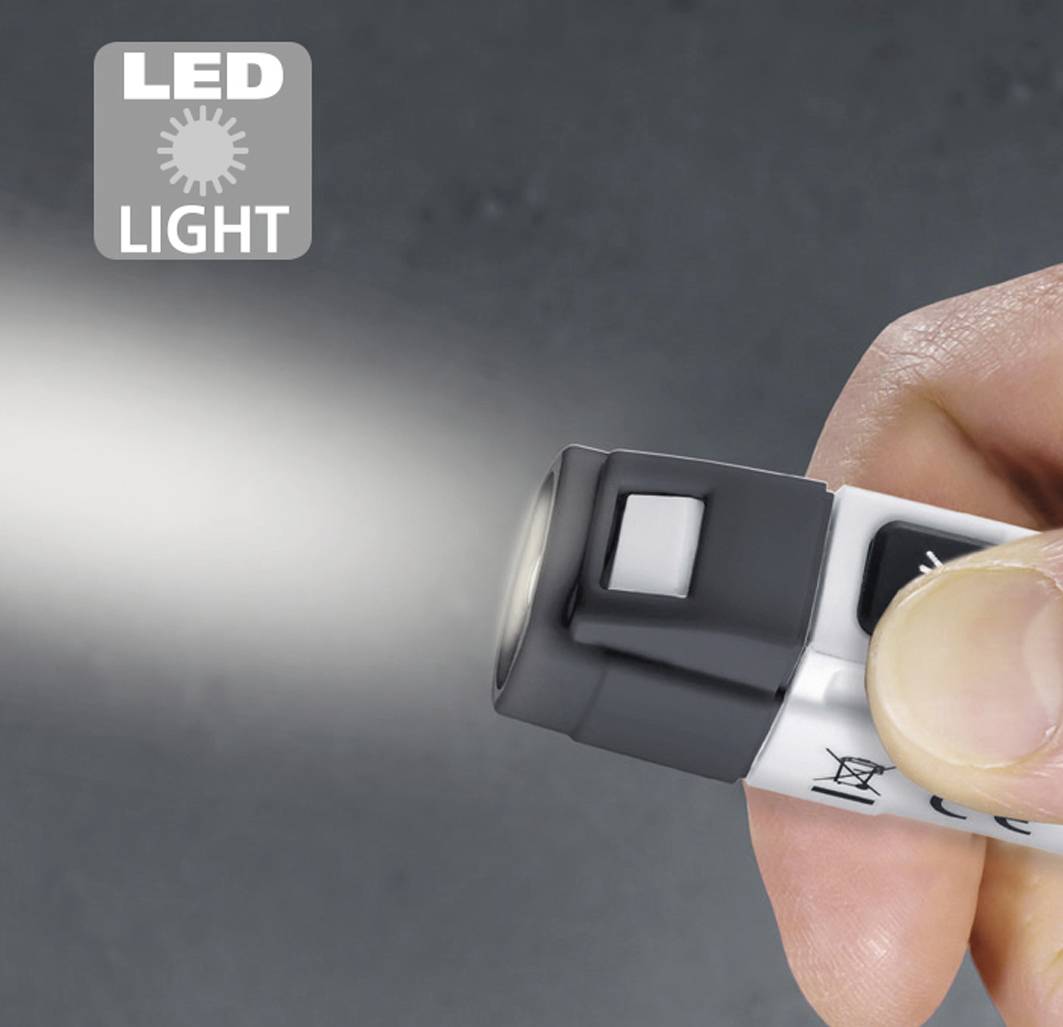 Eine Hand hält eine kleine LED-Taschenlampe, die eingeschaltet ist und einen Lichtstrahl projiziert. Oben links steht 'LED LIGHT'.