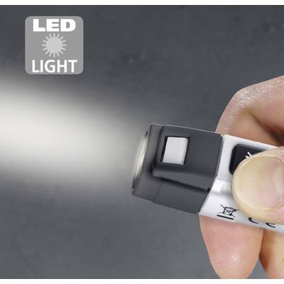 Eine Hand hält eine kleine LED-Taschenlampe, die eingeschaltet ist und einen Lichtstrahl projiziert. Oben links steht 'LED LIGHT'.