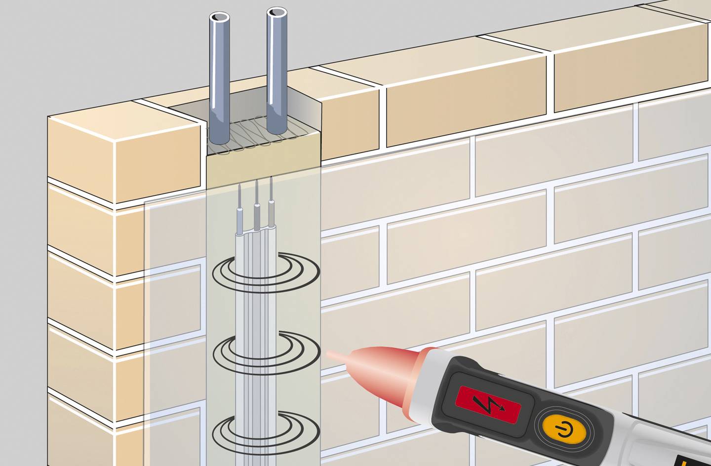Eine Ziegelwanddarstellung zeigt einen Spannungsmelder, der elektrische Kabel in der Wand lokalisiert; nützlich für Sicherheitsprüfungen.