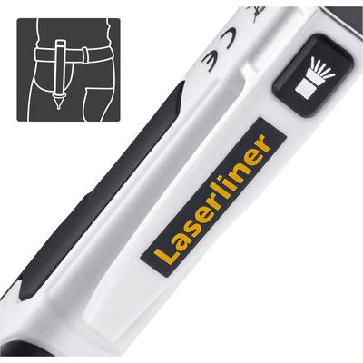 Ein Laserdistanzmesser mit der Aufschrift 'Laserliner'. Symbol zeigt Gerät in Hosentasche als tragbar und handlich.