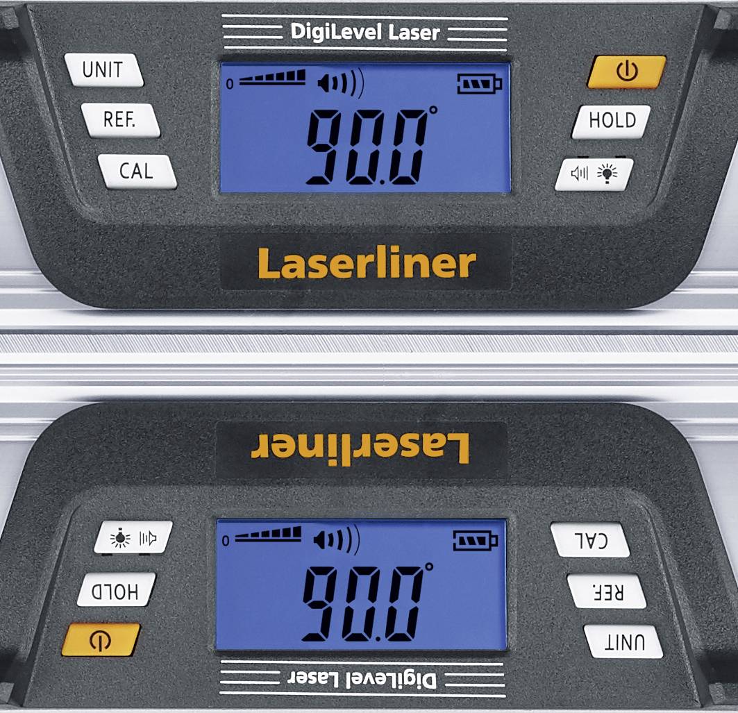 Laser-Wasserwaage zeigt auf digitalem Display einen Winkel von 90,0 Grad an. Tasten an den Seiten ermöglichen verschiedene Funktionen.