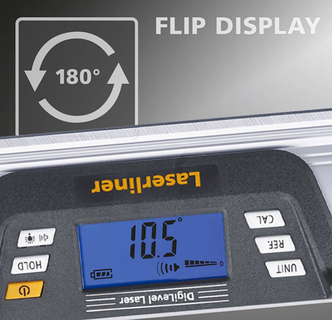 'Digitales Nivelliergerät von Laserliner mit Flip-Display-Funktion. Display zeigt 180-Grad-Symbole und 0,5 Grad auf der Skala.'