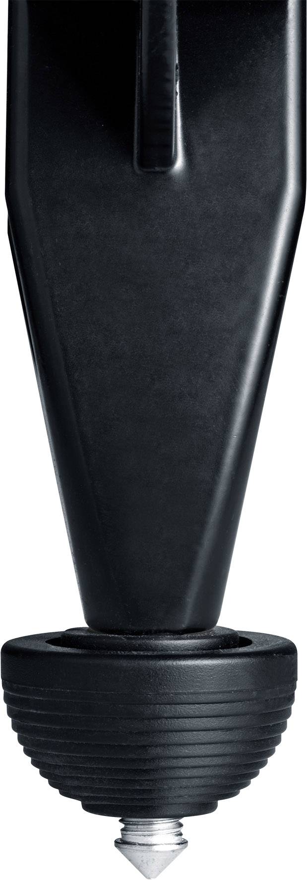 Nahaufnahme eines schwarzen Stativbeins mit einer verstellbaren Metallspitze.