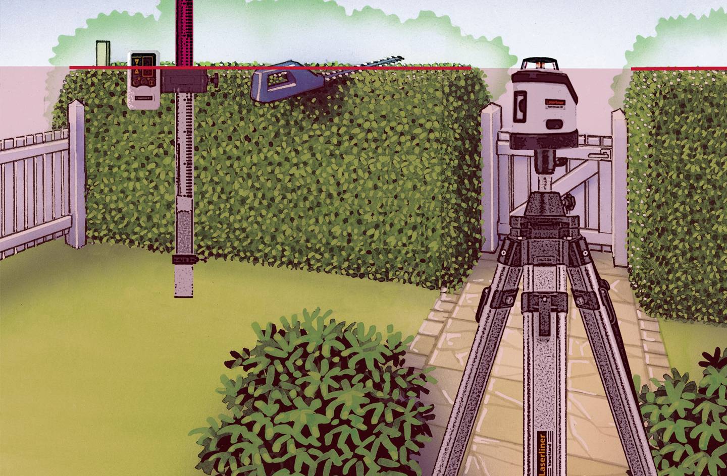 'Illustration eines Lasernivelliergeräts im Garten, das genaue Höhennivellierung unterstützt. Ein Stativ und Messlatte sind sichtbar.'