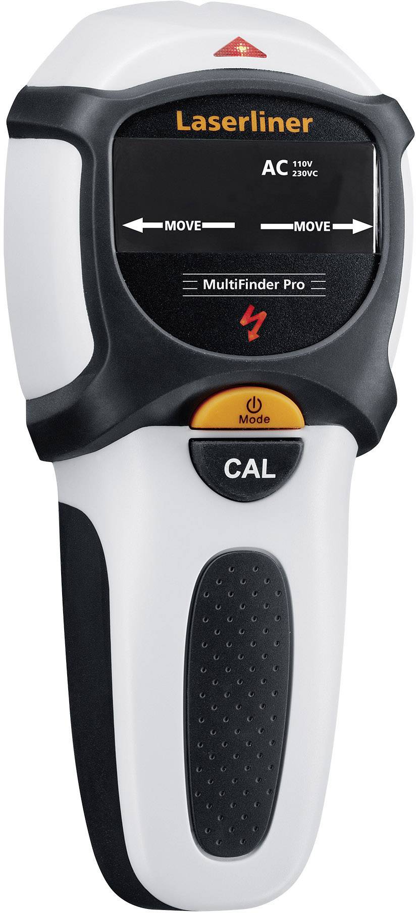 Ein weißes und schwarzes Gerät zur Kabelsuche mit digitalem Display und Bedienelementen, gekennzeichnet als 'Laserliner MultiFinder Pro'.