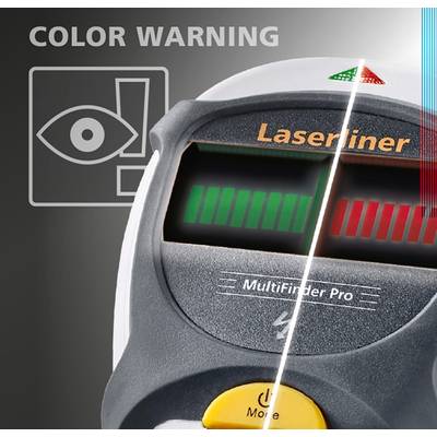 Ein digitales Messgerät mit Balkenanzeige zur Erkennung von Metall und Kabeln. Eine Augen-Symbolwarnung zeigt Farbänderungen an.