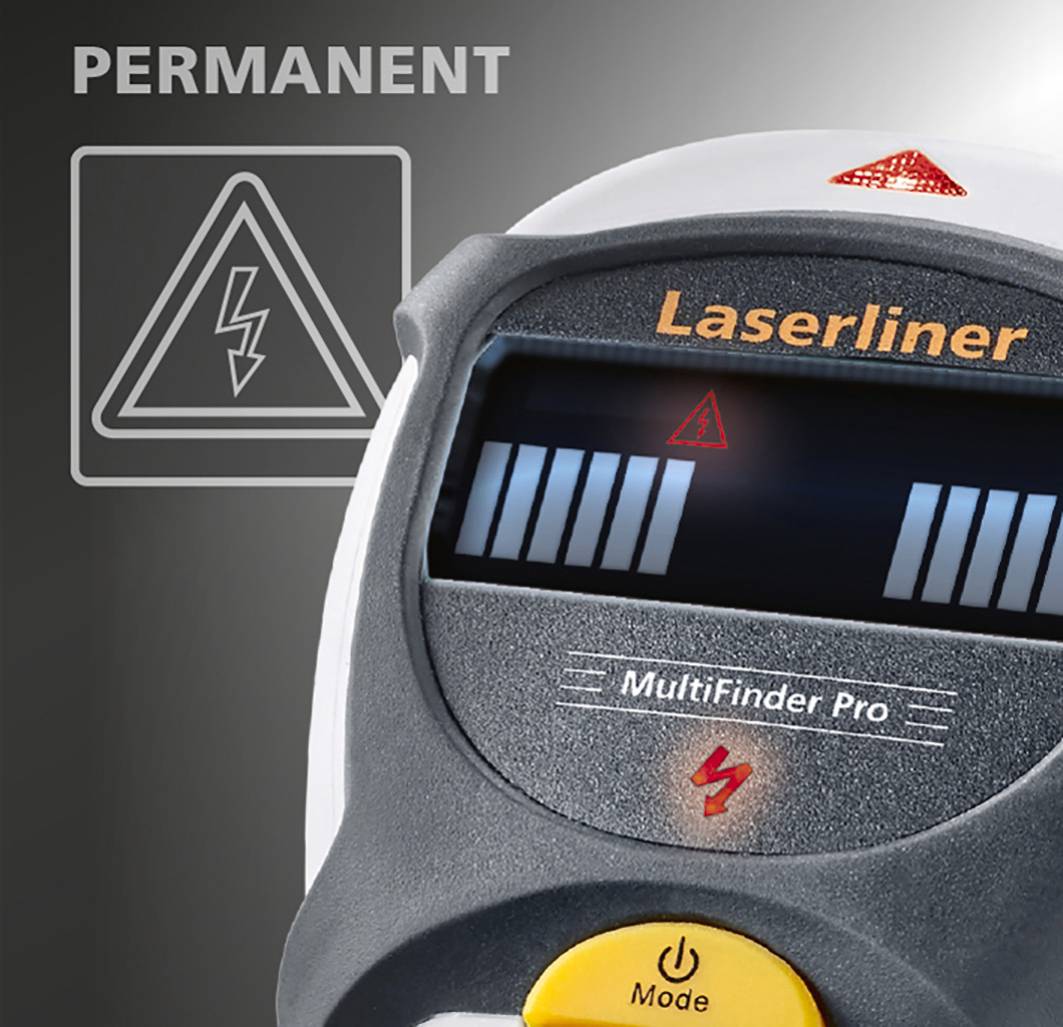 Elektronisches Messgerät mit Display zur Erkennung elektrischer Spannung. Zeigt Warnungen und Symbole für Strom an, verwendet für Sicherheit.