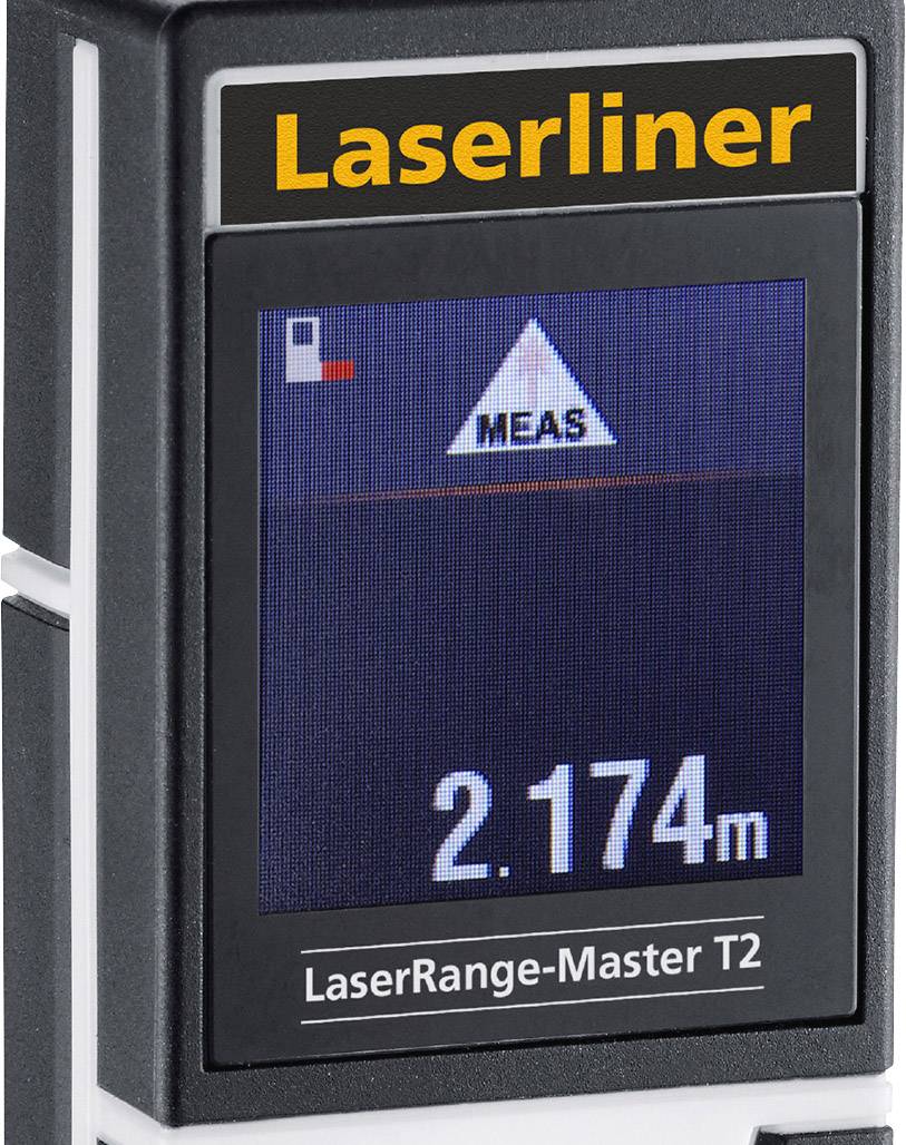 Digitales Laser-Entfernungsmessgerät zeigt eine Messung von 2.174 Metern an. Anzeige enthält 'Laserliner' und 'LaserRange-Master T2'.