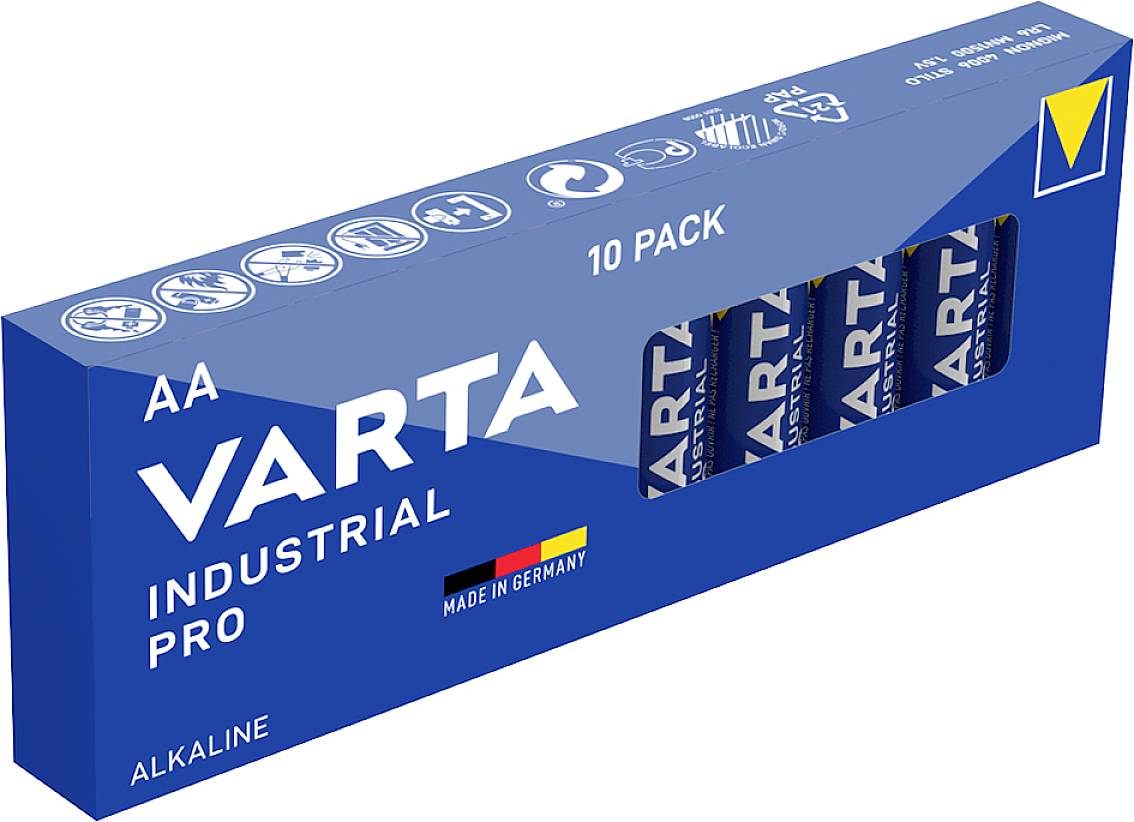 AA-Batterien, Marke Varta, Aufschrift 'Industrial Pro'. Verpackung enthält zehn Batterien, hergestellt in Deutschland.