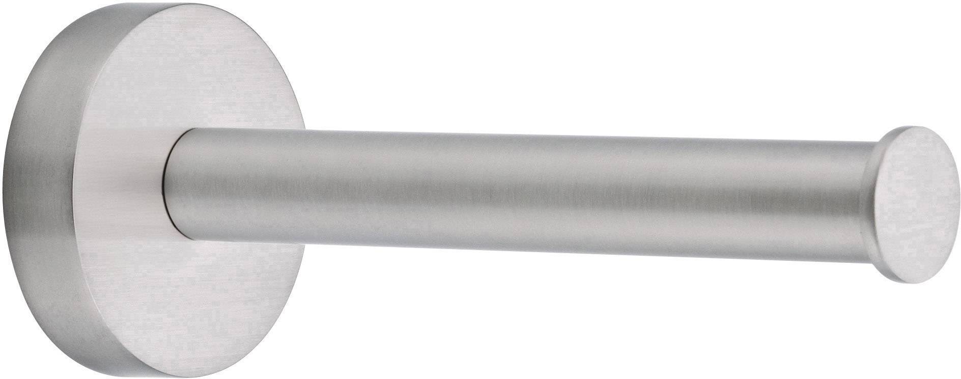 Ein runder, silberner Toilettenpapierhalter aus Metall, der horizontal an der Wand montiert wird.